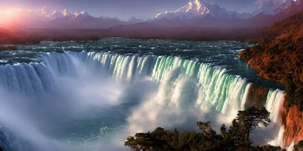 Image similar to cascade of multiple gigantic niagara falls in the himalaya, epic mountains, dawn, sunrise colors, fantasy illustration, matte painting, concept art, low angle shot, volumetric lighting, volumetric atmosphere, morning mist, art by james gurney, unreal engine 5, 8 k