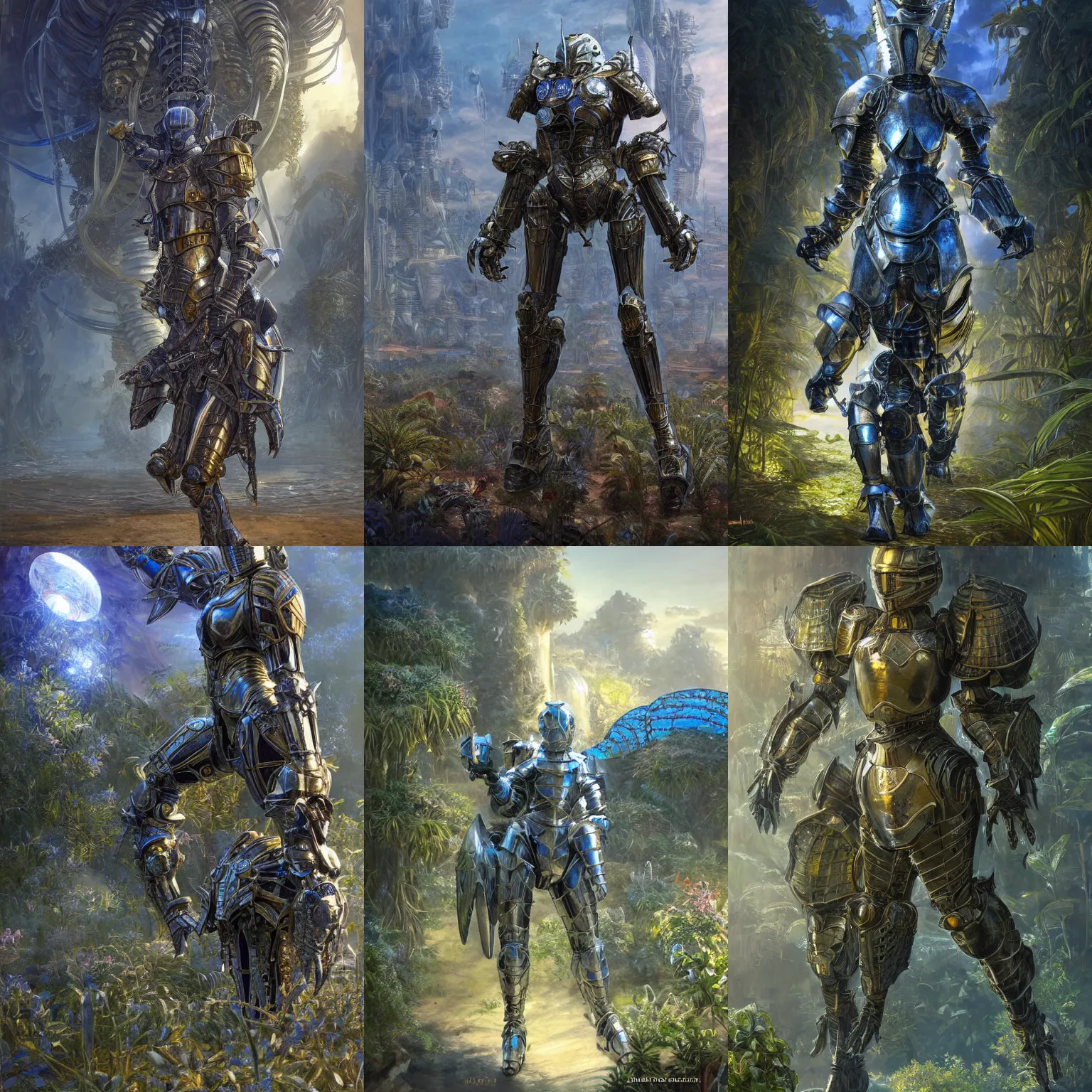 Prompt: a large full armored female knight in a hi-tech botanical world with blue skies | style of donato giancola, vincent callebaut, dramatic light | high detail | cinematic lighting | pristine metals, glass, plants | solarpunk | golden hour | volumetric lighting | concept art |