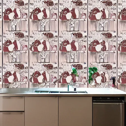 Prompt: modern kitchen wallpaper pig design. pigs on the wall expensive