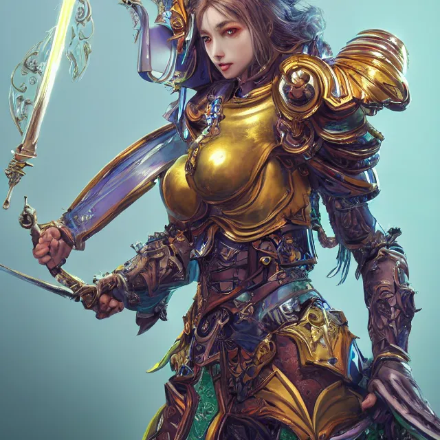 Image similar to studio portrait of lawful good colorful female holy mech paladin as absurdly beautiful, elegant, young sensual pretty woman, ultrafine hyperrealistic detailed face illustration by kim jung gi, irakli nadar, intricate linework, sharp focus, bright colors, matte, octopath traveler, final fantasy, unreal engine highly rendered, global illumination, radiant light, intricate environment