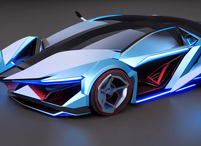 Image similar to cyberpunk lamborghini concept inspired car, futuristic look, highly detailed body, aerodynamic body, photorealistic camera shot, bright studio setting, studio lighting, crisp quality and light reflections, unreal engine 5 quality render