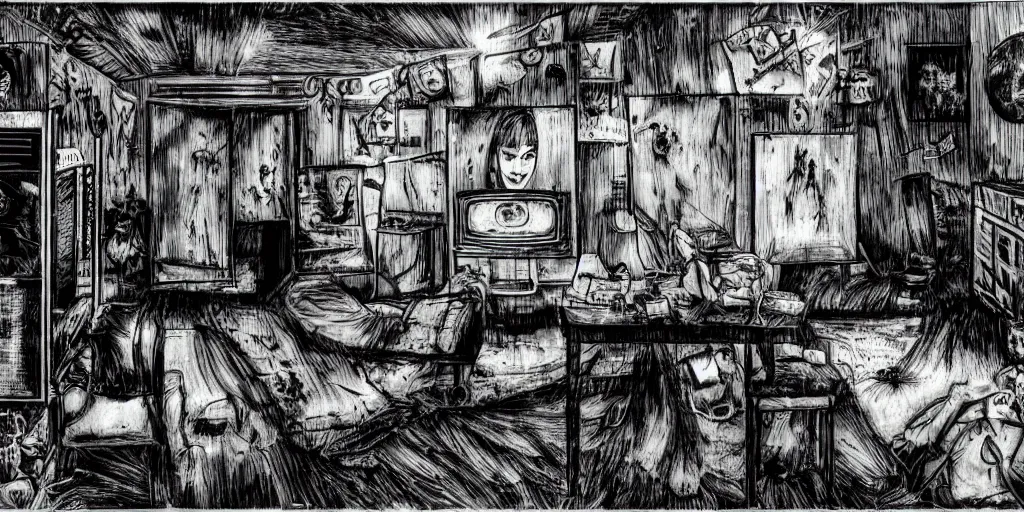 Image similar to A room with a tv and video-game, horror, creepy, dark, manga, hq, pencil, inspired by junji ito, superior quality, masterpiece