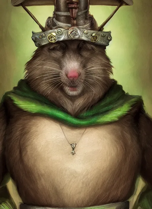 Image similar to antropomorphic rat with beard and human eyes, wearing jewelry, tricorne hat, green robe, d & d, digital art, detailed face, highly detailed, trending on artstation, 4 k, sea in the background