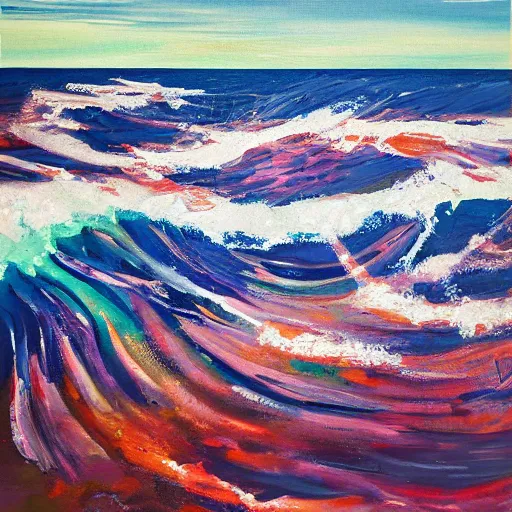 Prompt: painting titled sea of sea of seas inbetween, painted by emi kuraya, fractured futurism oil painting canvas colors