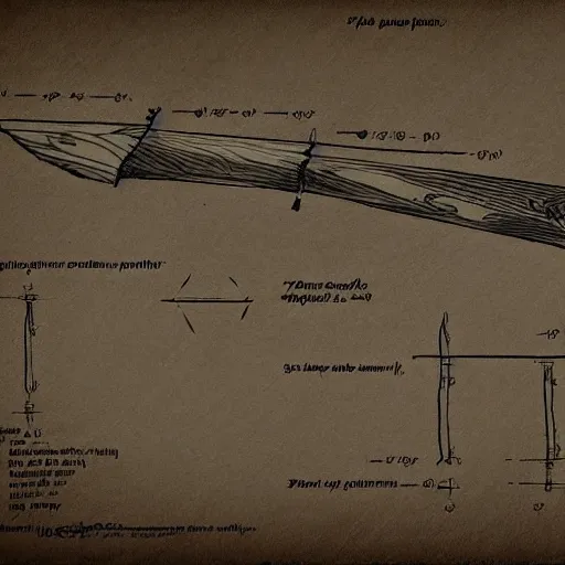 Prompt: technical drawing of a cursed bow made of human flesh, weapon design, delicate, detailed map, notes, scribbles, old paper