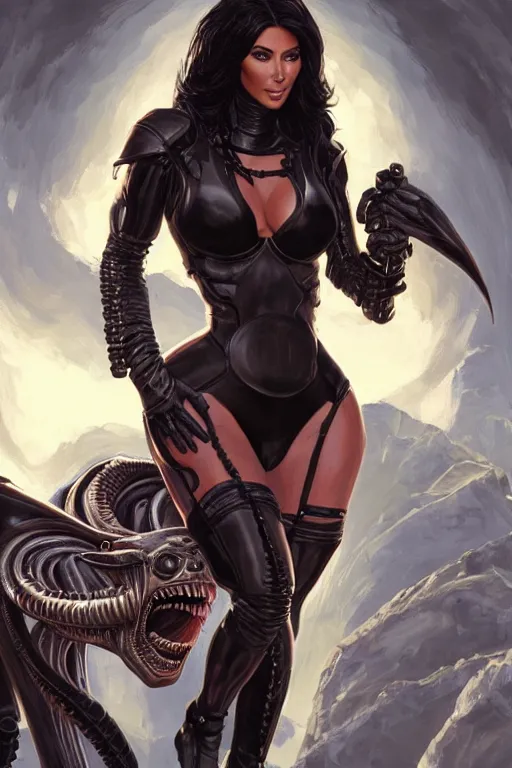 Prompt: Kim Kardashian as a heroine being held by an xenomorph, digital painting, artstation, concept art, smooth, sharp focus, illustration, in-frame, centered, art by artgerm and donato giancola and Joseph Christian Leyendecker, Ross Tran, WLOP