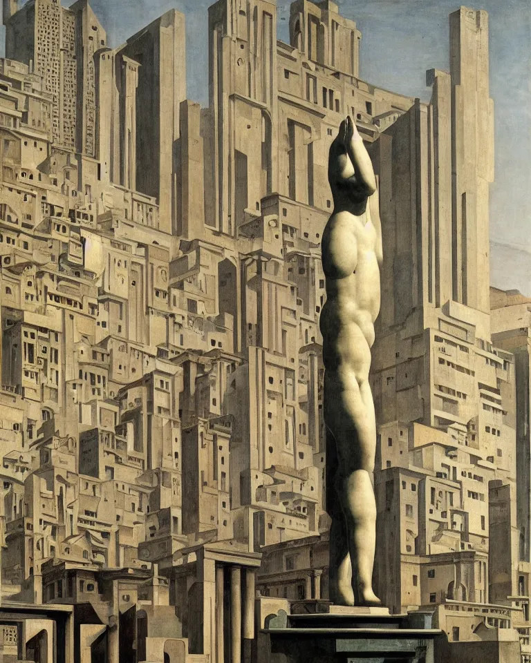 Prompt: an achingly beautiful roman marble sculpture standing alone amid a bustling futuristic metropolis by Giorgio De Chirico.