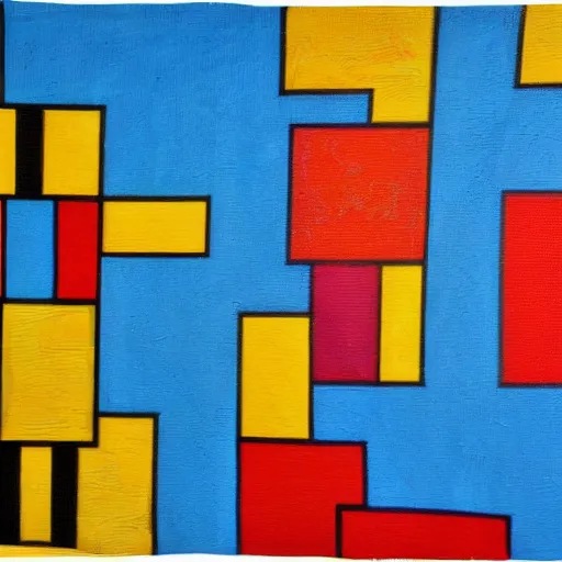 Image similar to the women sat by the river weaving the tapestry of life in and out backwards and forwards, abstract art in the style of mondrian,