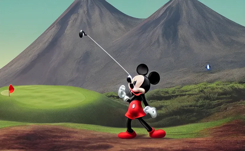 Prompt: mickey mouse golfing on a volcano, realistic, photography, detailed