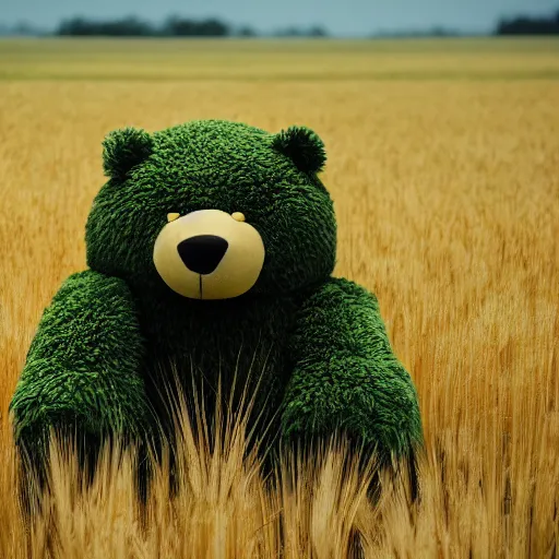 Prompt: Giant green gunmy bear sitting in a wheat field, dslr, 8k, photorealistic, cinematic, ray tracing,