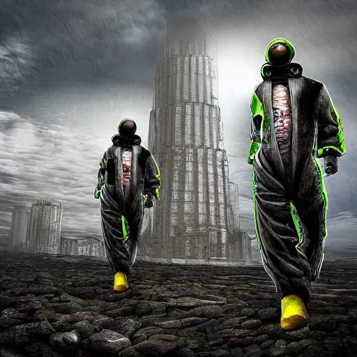 Image similar to a surreal landscape with towers in a harsh environment, two figures dressed in biohazard suits are walking, digital art