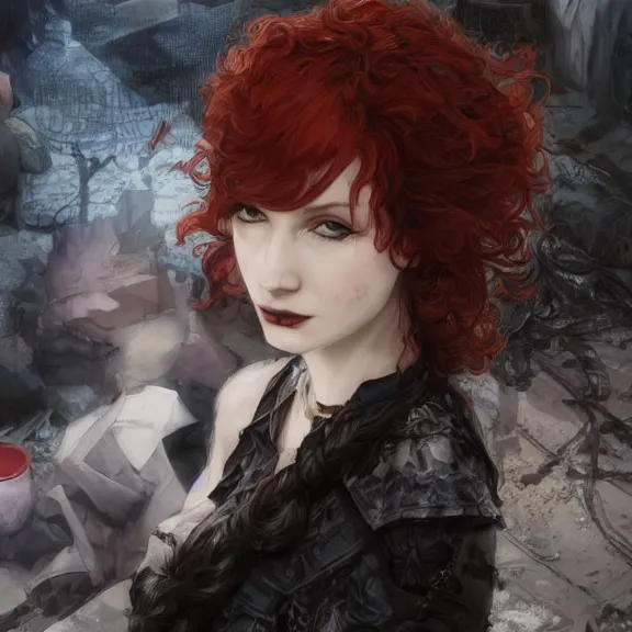 Image similar to christina hendricks!!!!! goth!!!!!, tankoban, 4 k, tone mapping, akihiko yoshida, james jean andrei riabovitchev marc simonetti, yoshitaka amano, long hair, curly, h. hydrochaeri