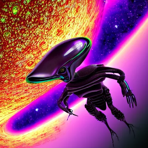 Prompt: female alien with transparant exoskeleton, glowing purple and teal galaxy eyes. Hovering spacecraft in background. Photo-realistic HD. Hyperrealism. 3D. 32K.