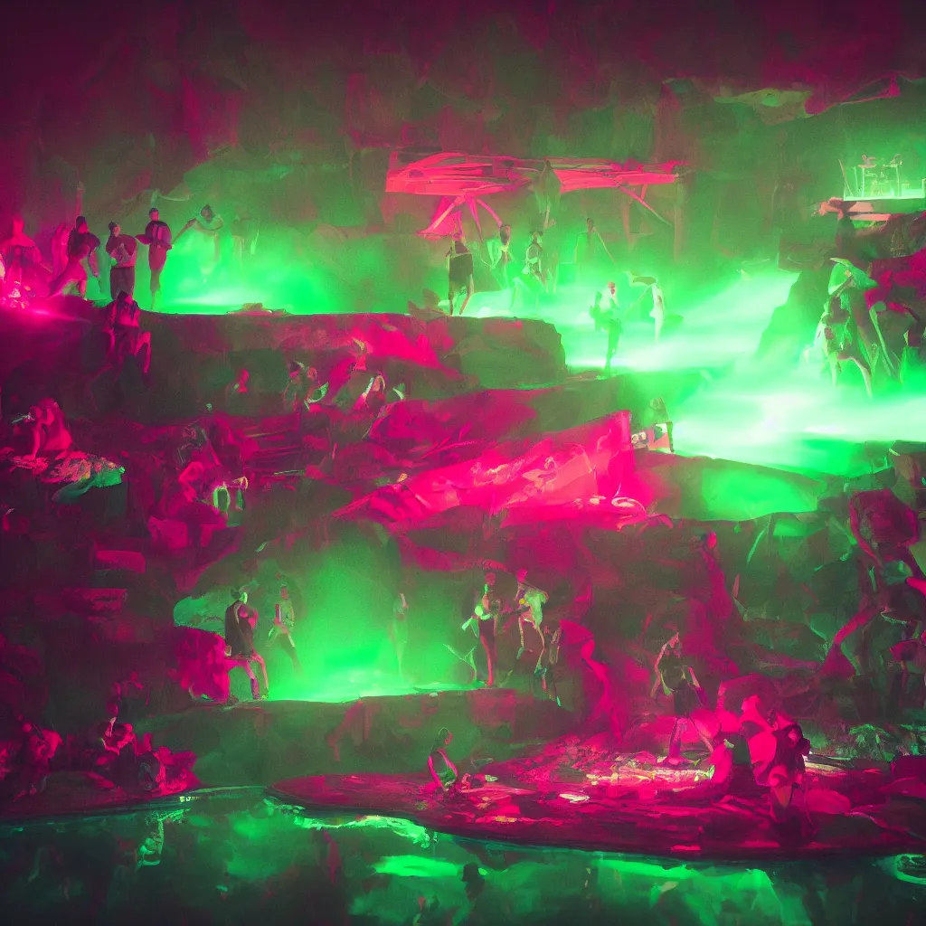 Prompt: rave club in the red pond at night, green laser, light art, photo by reuben wu, jenni pasanen, epic composition, hd, octane, volumetric lighting, masterpiece,