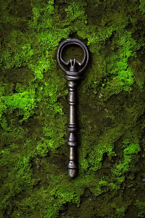 Image similar to mysterious intricate key of death, partially covered by moss and algae, on a perfectly black background, cgsociety