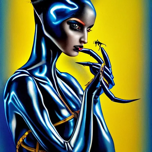 Image similar to woman holding bionic blue black scorpion, 1 9 8 0's art, retro art, airbrush style, intricate, elegant, sharp focus, illustration, highly detailed, concept art, matte, sharp focus, illustration, highly detailed, h 8 0 0 c 1 0. 0