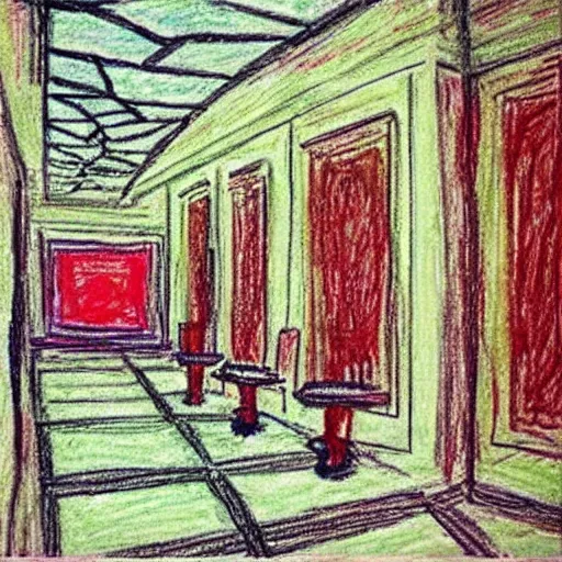 Image similar to “ child ’ s bad crayon drawing of the overlook hotel interior ”