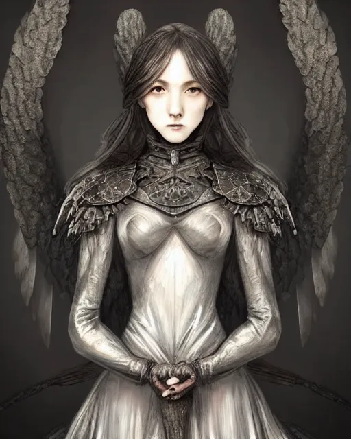 Prompt: an infinitely detailed portrait of a frail and pale female peace angel elegantly. fully - clothed full - body, beautiful! scenery art!! coherent! by wlop & murata range, victorian armor trim, cold color palette, artstation / pixiv!! elegantly armored angel portrait full - body, dreamy art