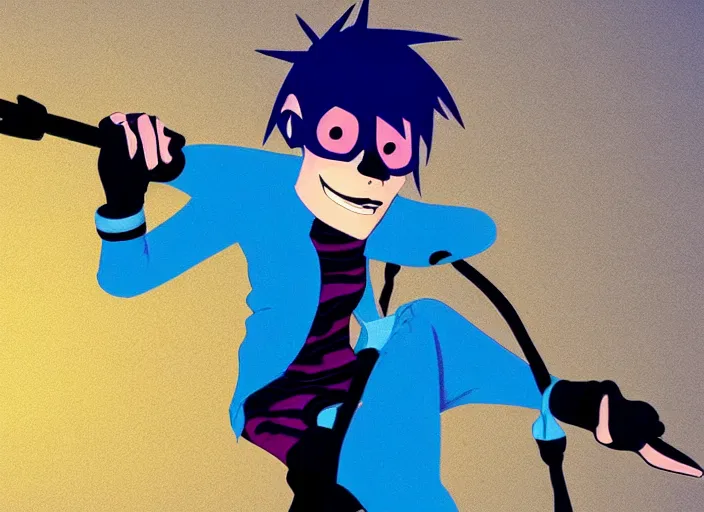 Image similar to 2 d from gorillaz playing a keyboard, blue hair, gorillaz style, jamie hewlett, animated music video screenshot