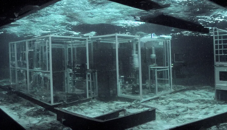 Prompt: Big budget horror movie, exterior view of an underwater biolab, deep in the ocean, dark and gloomy