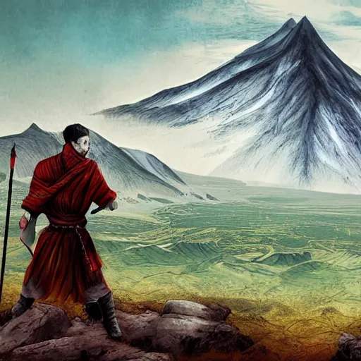 Image similar to man with scars exploring a land where he got a mountain like the mordor to explore, gege akutami style, overdetailed art, realistic, colorfull,