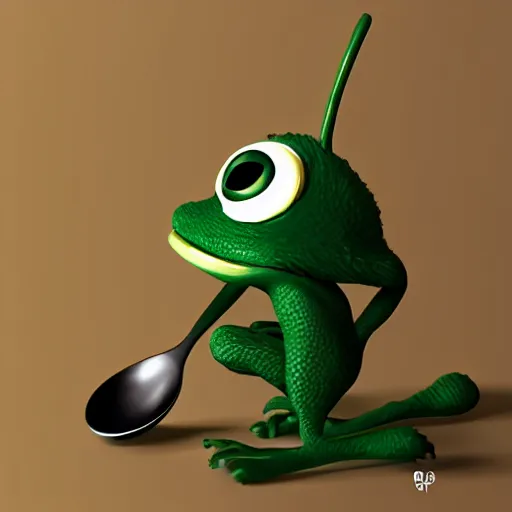 Image similar to pepe with a spoon, realistic, detailed, photography, artstation, dramatic light