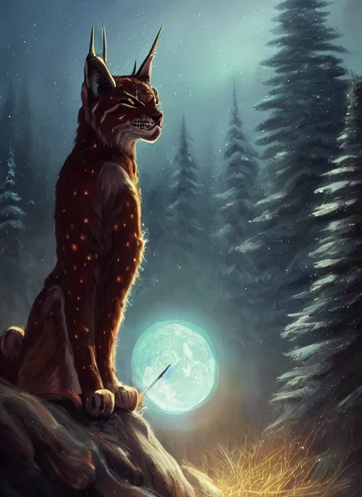 Image similar to lynx holding a golden intricately decorated shiny scepter, night, spruce trees on the sides, mountains in the background, eerie dark atmosphere, moonlit, back light, fantasy art by charlie bowater and yoshitaka amano, trending on artstation