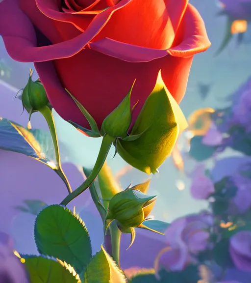 Image similar to highly detailed macro shot of a rose, unreal engine, loish, rhads, makoto shinkai and tom bagshaw, reflective global illumination, god rays, detailed and intricate environment