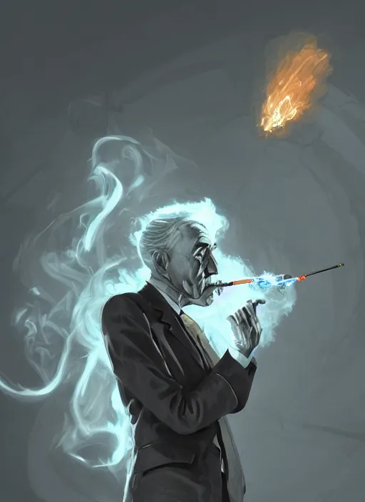 Image similar to a highly detailed illustration of j. r oppenheimer smoking a glowing nuclear cigarette, dramatic pose, intricate, elegant, highly detailed, centered, digital painting, artstation, concept art, smooth, sharp focus, league of legends concept art, wlop.