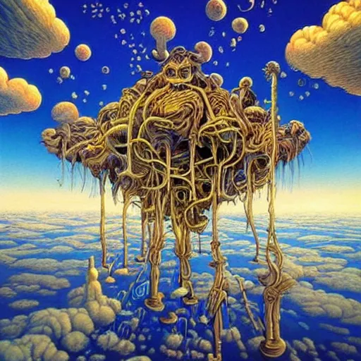 Prompt: psychdelic dreamworld in the clouds, surrealist and abstract digital art trending on artstation by artist Rob Gonsalves and Mark Riddick.