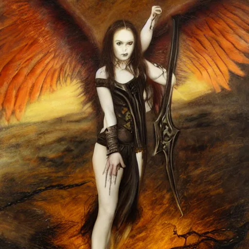 Image similar to graffiti mild by lori earley, by charles spencelayh. performance art. a large, muscular demon - like creature with wings, standing in a dark, hellish landscape. the creature has red eyes & sharp teeth, & is holding a large sword in one hand.