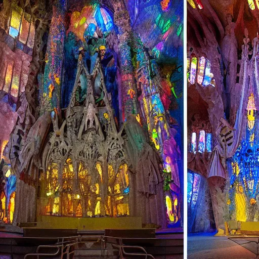 Image similar to glowing translucent theater stage in la sagrada familia, cyberpunk, dark room, science fiction magazine, cut up collage, 4 k close up, wide angle, polaroid 6 0 0