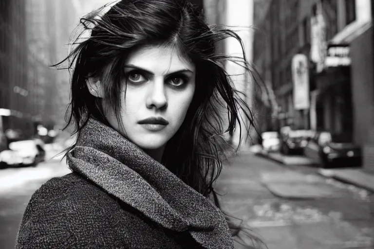 Prompt: alexandra daddario in a smoky new york back street, photograph, natural light, sharp, detailed face, magazine, press, photo, Steve McCurry, David Lazar, Canon, Nikon, focus