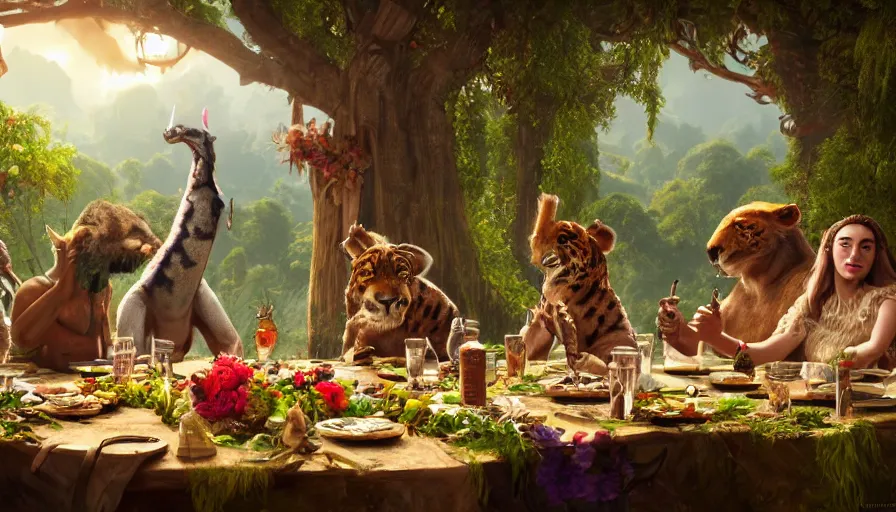 Image similar to a table dinner of exotic animals where animals are dressed like the characters from the midsommar movie wearing flowers, realistic detailed digital art by maxwell boas jessica rossier christian dimitrov anton fadeev trending on artstation cgsociety rendered in unreal engine 4 k hq