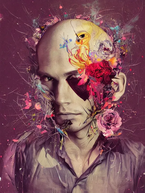 Prompt: art portrait of man with flower in head,by tristan eaton,Stanley Artgermm,Tom Bagshaw,Greg Rutkowski,Carne Griffiths,trending on DeviantArt,face enhance,chillwave,minimalist,cyberpunk,full of colour,