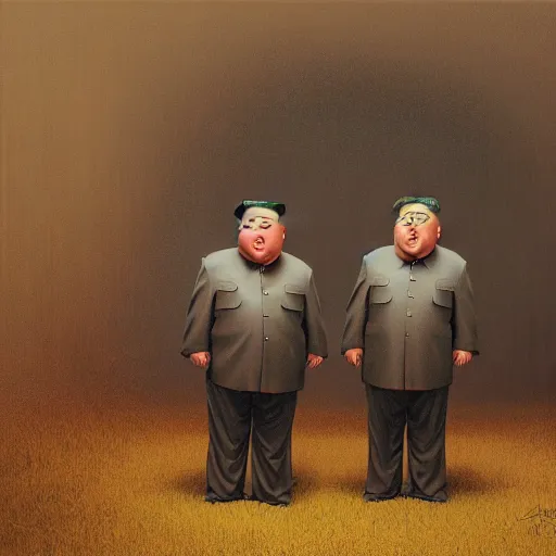 Image similar to Portrait of Kim Jong-un as Tweedledum and Tweedledee, dark fantasy, intricate, smooth, artstation, painted by Wayne Barlowe, Greg Rutkowski, Zdislav Beksinski