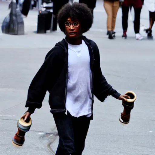 Image similar to high quality photo of a black harry potter on a skateboard in new york city