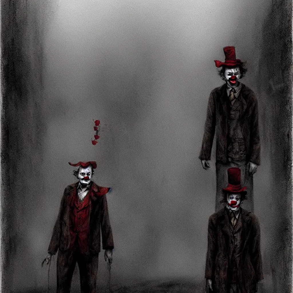Prompt: A portrait of James Sunderland from Silent Hill 2 dressed as a clown standing in a foggy street, intricate, elegant, sharp focus, concept art, matte, art by Masahiro Ito