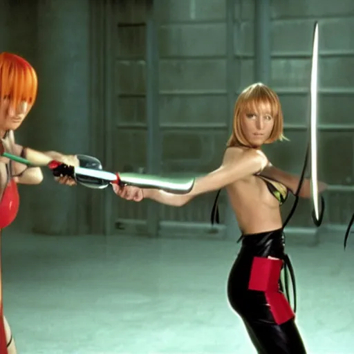 Prompt: leeloo from fifth element fighting beatrix kiddo from kill bill with mantis blades in cyberspace