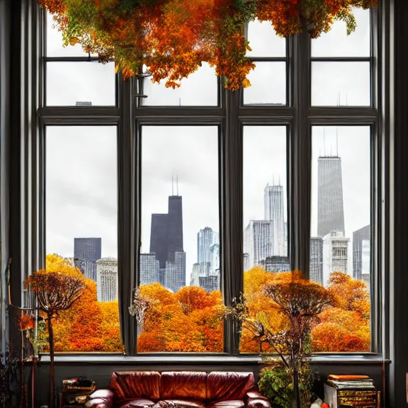 Prompt: fantastical living room with chicago landscape in the window by marc adamus, beautiful dramatic lighting, overgrown with funghi, autumn season, coat rack with coat hanging off, style by peter deligdisch, peterdraws