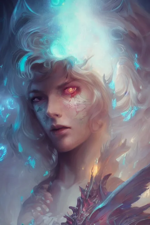 Image similar to face closeup beautiful girl necromancer full of sculls, wizard of the coast casting magic spell, angel and demons, heaven, magic storm and thunder clouds, scifi, fantasy, magic the gathering, hyper detailed, octane render, concept art, 3 d render, hyper realistic detailed portrait, peter mohrbacher