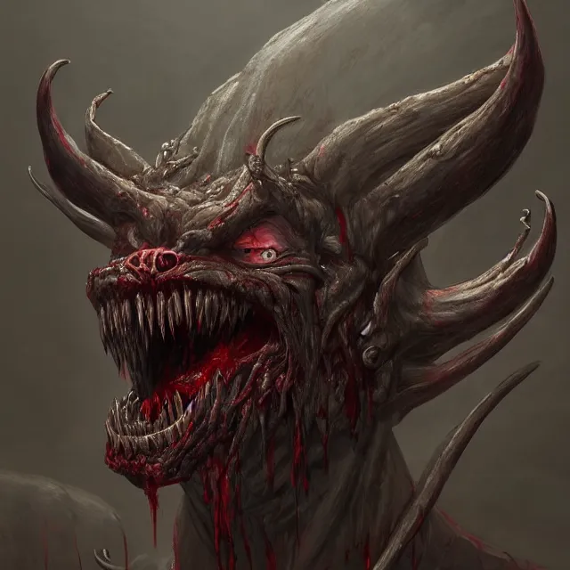 Image similar to concept art of a demonic devil with mismatched animal features a her bloody mouth open freakishly wide in the style of zdzisław beksinski in the style of h. r. giger trending on artstation deviantart pinterest furaffinity detailed realistic hd 8 k high resolution