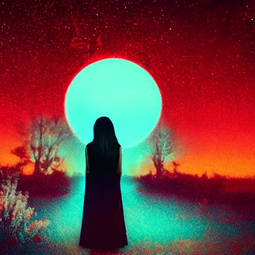 Image similar to A sad spiritual witch standing on mars looking at camera, distant background, red lighting, ominous, moonlight, bokeh, synthwave, psychedelic, glitch, acrylic, flooko, detailed,