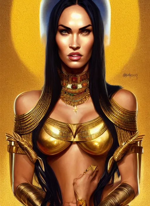 Image similar to portrait of megan fox as egypt queen, scarab, pyramids, gold, intricate, headshot, highly detailed, digital painting, artstation, concept art, sharp focus, cinematic lighting, illustration, art by artgerm and greg rutkowski, alphonse mucha, cgsociety