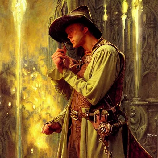 Image similar to handsome arthur pendragon in love with handsome merlin the mage. merlin is also in love with arthur. highly detailed painting by gaston bussiere, craig mullins, j. c. leyendecker