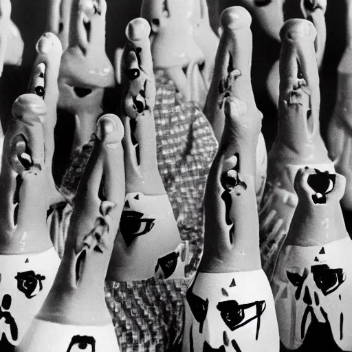 Prompt: polymer clay coneheads rioting in new york, detailed facial expressions, 1 9 8 0 s aesthetic