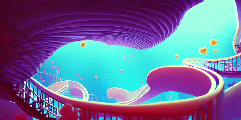 Image similar to minimalistic extreme wide angle curved perspective digital art of sss chubby cotton candy indoor casino, one staircase, with curly plants by anton fadeev, lorax movie, underwater smoke