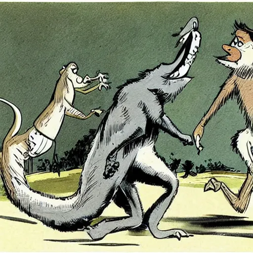 Prompt: A caricature illustration of hasbulla and a macaque running from dinosaurs, by mort drucker