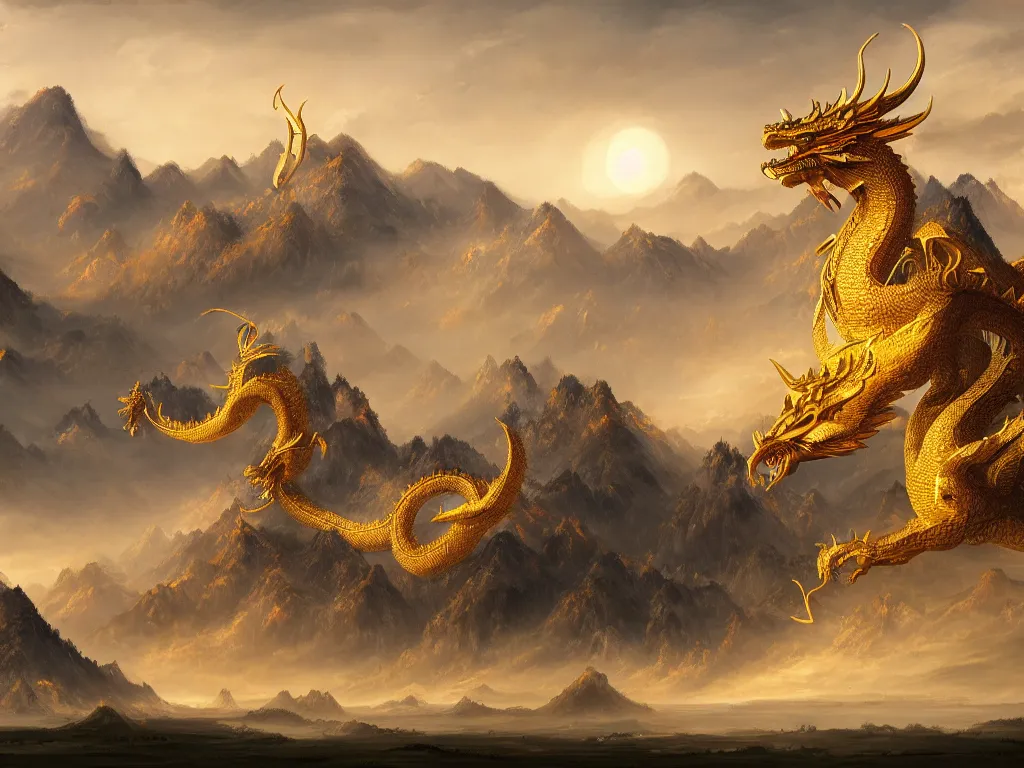 Prompt: a vast landscape painting of a giant golden dragon with horns standing between the mountains with a Chinese temple tower in the distance, trending on artstation, high quality concept art, fantasy, epic composition, detailed and intricate image, cinematic
