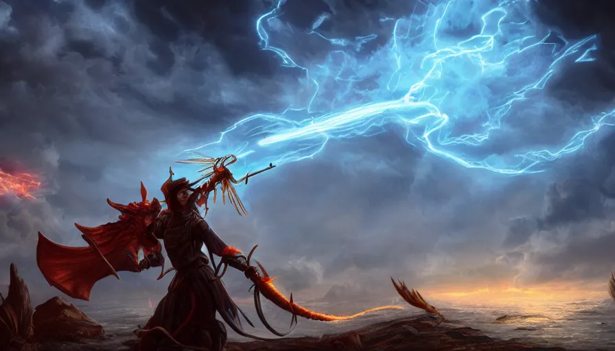 Prompt: Mage using his magic wand to summon fire dragon in the stormy sky, hyperdetailed, artstation, cgsociety, 8k